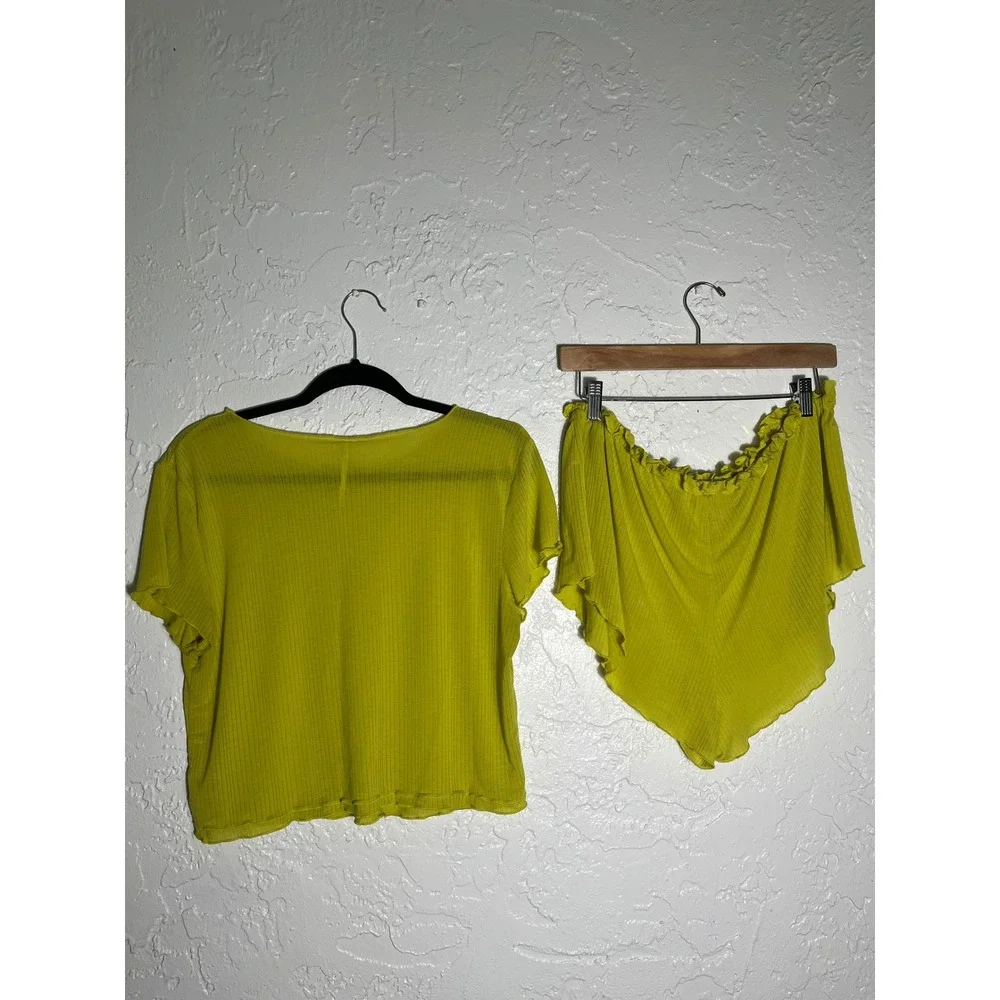 Anthropologie Lime Green Ribbed Ruffle Lounge Pajama Set Top Shorts M